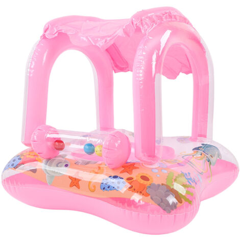 Bouée Bébé Flottante avec Ombrelle, Anneau de Natation Siège Bateau Jouet Gonflable Poignée Clochette Rose