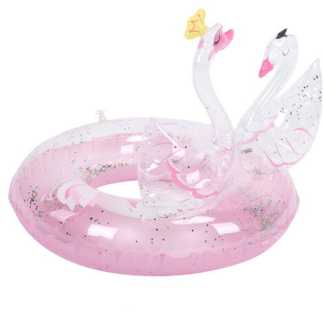 Bouée double enfant cygne scintillante rose, flotteur PVC 60 cm pour piscine