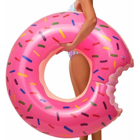 Bouée géante en forme de donut à la fraise, idéale pour la piscine et la plage. Supporte jusqu'à 80 kg.