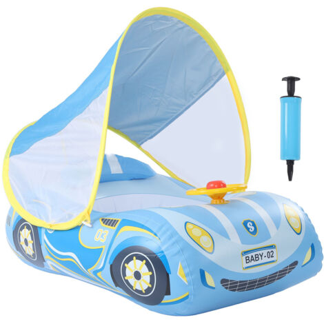 Bouée gonflable bébé en forme de voiture avec klaxon et pare-soleil pour enfants de 1 à 4 ans - Bleu