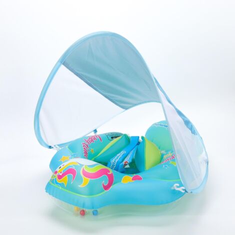 Bouée gonflable bleue pour enfants, modèle récent, avec toit, airbag intégré, système anti-retournement, pare-soleil et siège gonflable.
