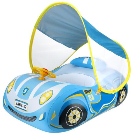 Bouée gonflable pour bébé avec auvent, en forme de voiture, avec siège de sécurité, volant et klaxon, idéale pour la plage et les jeux en plein air.