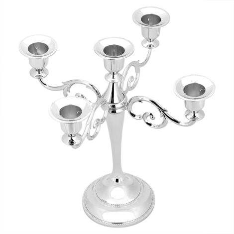 Bougeoir à 5 bras en métal style européen chandelier décoratif style vintage pour dîner aux chandelles, mariage, fête, Noël 26 x 26,5 cm (argent)