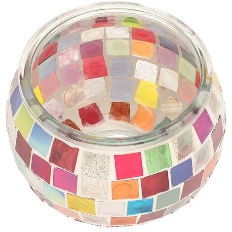 Bougeoir artisanal en verre coloré à motifs mosaïques pour décoration de table, événements spéciaux ou ambiance intime