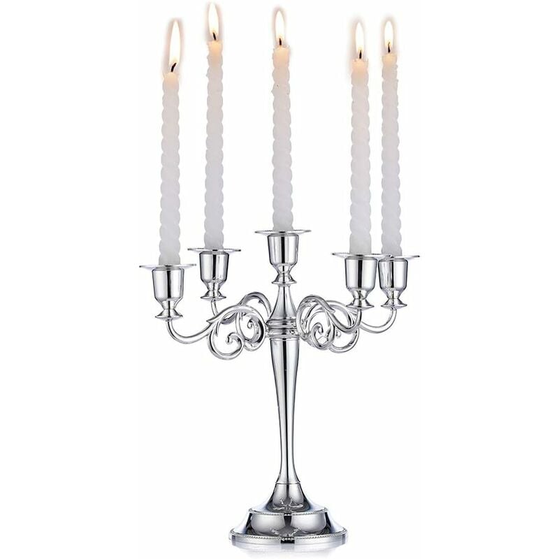 Osqi - Bougeoir Candélabre Argent Bougeoirs à 5 Bras 27cm Haut Représentant des Bougies Coniques pour Centres Table Fête d'anniversaire Mariage Table