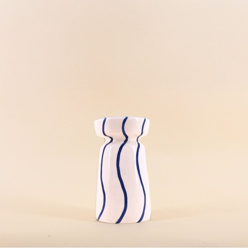 Bougeoir en céramique rayé bleu / blanc 18cm Bougeoir en céramique rayé bleu / blanc 18cm