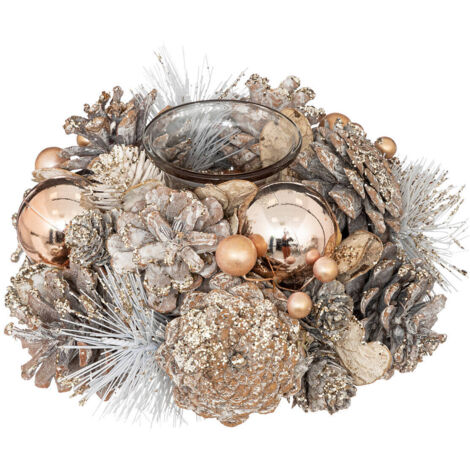 Bougeoir en pommes de pin et boules, doré