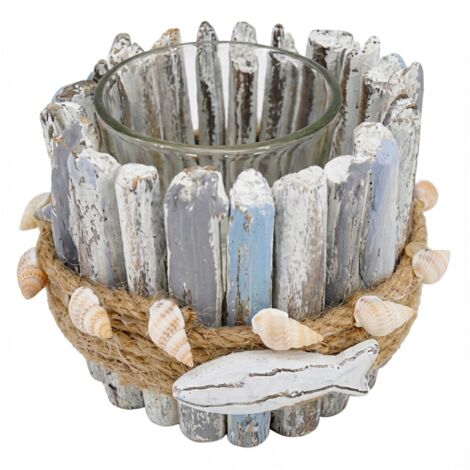 Bougeoir en verre en forme de poisson avec décoration nautique naturelle