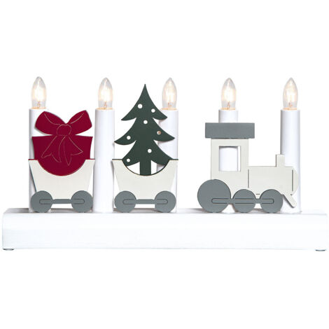 Bougeoir Star Trading 'Julia' avec motifs de Noël, 5 flammes, ampoule E10, bois blanc, blanc chaud, L 28 cm