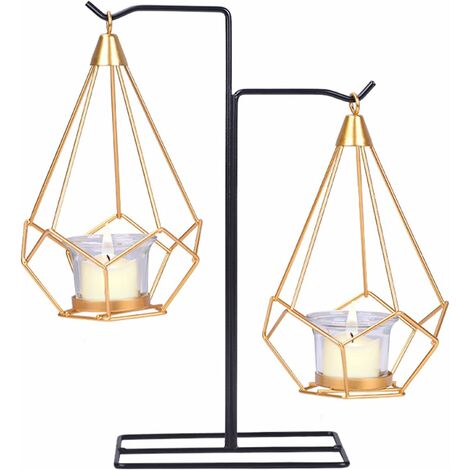 Bougeoirs Decoration, Bougeoir géométrique en Métal Bougeoir Fer Forgé Style Nordique Photophore en Métal Support de Bougie en Verre Géométrique en Métal Bougeoir Géométrique Suspendu, 2 Hang MODOU