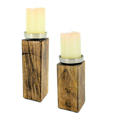 Bougeoirs en bois de manguier - 2 pièces - avec assiette à bougies en aluminium - 20 et 25 cm