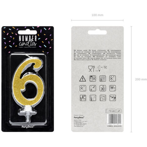 Bougie d'anniversaire numéro 6, dorée, 10 cm, 1 pièce.