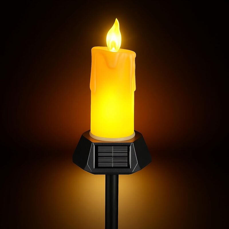 Bougie solaire sans flamme réaliste effet LED vacillante IP65 étanche avec piquet pour décoration de cour et allée