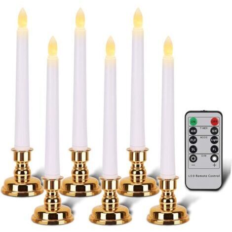 Bougies avec supports dorés, bougies coniques sans flamme avec télécommande et minuteur, bougies de Noël LED blanches, lot de 6