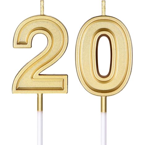 Bougies de 20e Anniversaire Bougies de Numéro de Gateau Bougies de Gateau Joyeux Anniversaire Décoration de Topper pour Anniversaire Mariage Célébration Fournitures (Or),