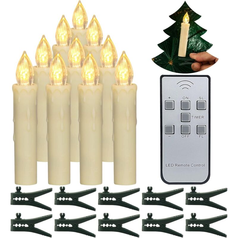 Bougies de sapin de Noël, 10 pièces Bougies d LED Bougies coniques à piles sans flamme avec minuterie à distance/Clips amovibles/Anneaux étanches