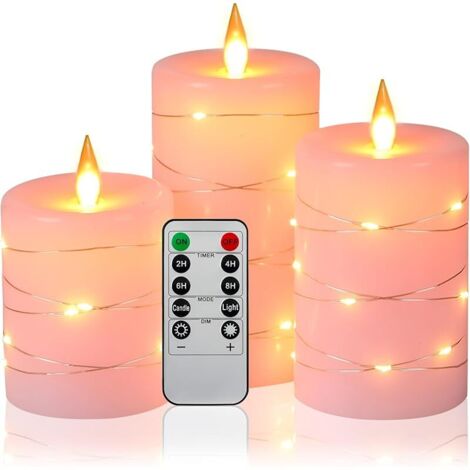 Bougies LED Angle de vision de 360 ​​degrés, avec guirlandes lumineuses étoilées, lot de 3 bougies LED, avec télécommande à 10 touches, fonction minuterie 24 heures, flamme dansante (Rose).