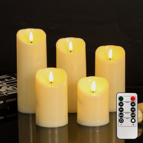 Bougies - Lot de 5 - Bougie d'extérieur étanche avec lumière LED - Sans fil et sécurisée - 7,5 x 10-12,5-15-17,5-20 cm - Bougie LED clignotante - Minuterie et alimentation par piles - Avec minuterie (