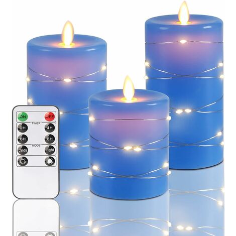 Bougies sans flamme bleues Bougie à piles avec guirlandes lumineuses Bougies scintillantes à piles LED avec télécommande et minuterie Lot de 3 (bleu)