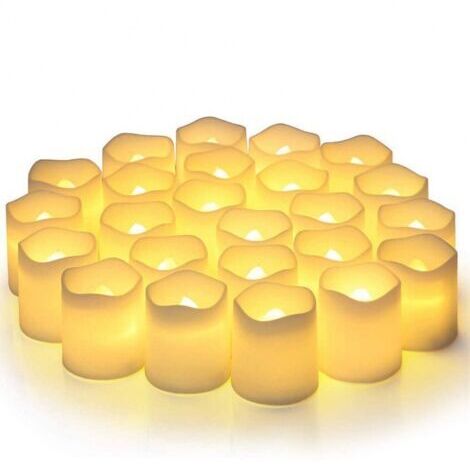 Bougies votives sans flamme, fausses bougies électriques vacillantes sans flamme, lot de 24 bougies chauffe-plat LED à piles de plus de 200 heures, blanc chaud, pour mariage, table, Halloween, décorat