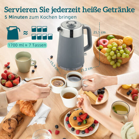 Bouilloire 2200 W, 1,7 L avec fonction ébullition rapide, filtre anticalcaire et grille-pain 4 tranches à 7 niveaux de brunissage, gris