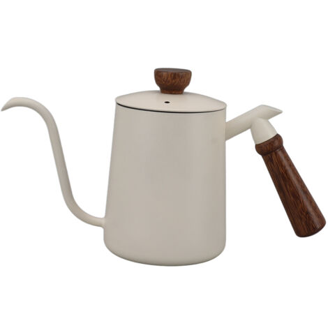 Bouilloire à café 600ml en acier inox 304, bec verseur long, manche en bois, idéale pour méthode pour-over, théière blanche