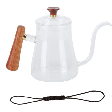 Bouilloire Café Versement 350ml en Verre Borosilicate Résistant à la Chaleur, Bec en Col de Cygne avec Poignée Isolée en Bois
