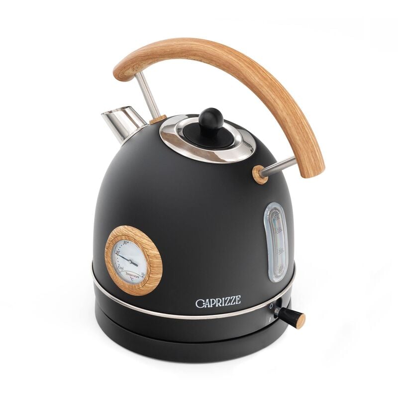 Bouilloire Caprizze Nara 2200 w en Acier Inoxydable avec Thermomètre Intégré Capacité 1,8 l Noir Mat et Effet Bois