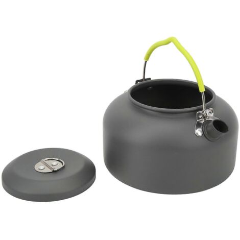 Bouilloire de camping 1,3 L en alliage d'aluminium anodisé, résistante aux hautes températures et isolée thermiquement, idéale pour le thé et le café en extérieur.