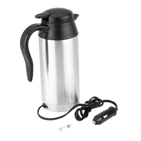 Bouilloire électrique de voyage en acier inoxydable 12 V, 750 ml, avec allume-cigare intégré.