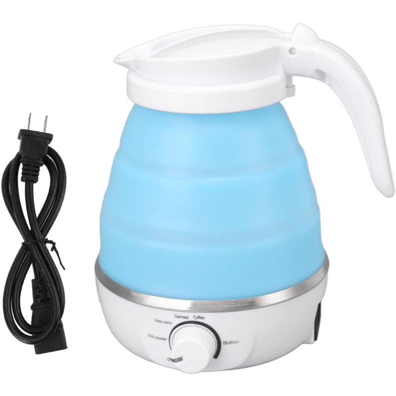 Bouilloire électrique pliable 0.6L 600W, résistante à la chaleur et anti-rouille, portable pour voyages, prise US 110V, bleue