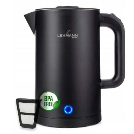 Bouilloire électrique sans fil, intérieur en acier, 2200 W, noire, grande capacité 1,7 L