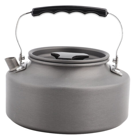 Bouilloire en aluminium 1.1L pour café et thé, idéale pour camping, randonnée et cuisine, avec poignée noire.