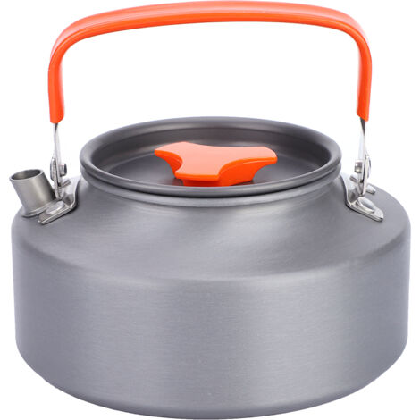 Bouilloire en aluminium 1,1L pour thé et café, poignée orange, idéale pour camping, randonnée et cuisine.