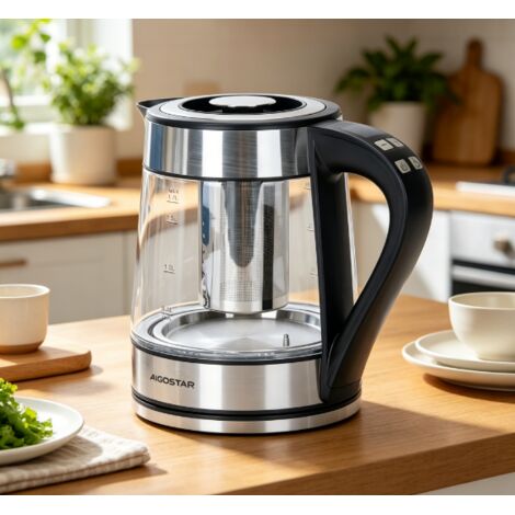 Bouilloire haute puissance 2200W Aigostar, grand format 1,7L en verre borosilicate résistant, chauffe rapide pour la cuisine et le bureau