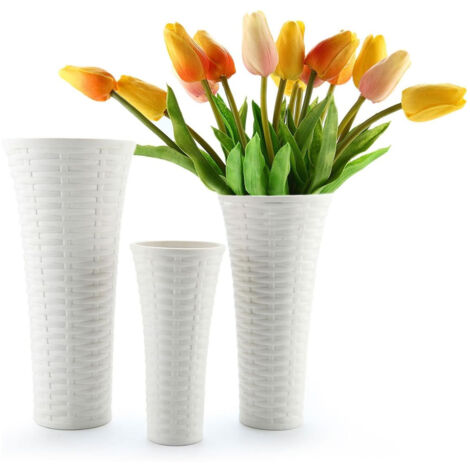 Bouilloire portable avec couvercle en bambou naturel, 20 cm de haut. Ensemble de trois vases en porcelaine blanche, orné d'un motif tressé élégant. Convient pour le salon, le bureau et la décoration d