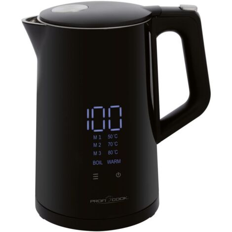 Bouilloire sans fil 1,7L noire – Réglage électronique de la température 50-100°C – Boîtier double paroi en acier inoxydable – Grand écran LED – Proficook