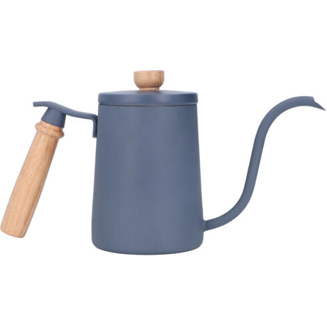 Bouilloire Verseuse à Bec 600ml en Acier Inoxydable Alimentaire, Poignée en Bois Ergonomique, Trou d'Évent, Design Bec de Cygne Bleu