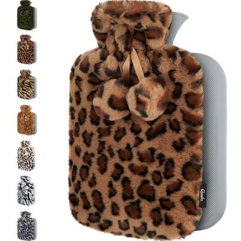 Bouillotte Eau Chaude avec Housse en Peluche Moelleuse et Douce - Bouillotte Peluche Grande Capacité 1,8 L - Boullote Chauffante pour Soulagement de la Douleur (leopard brown)