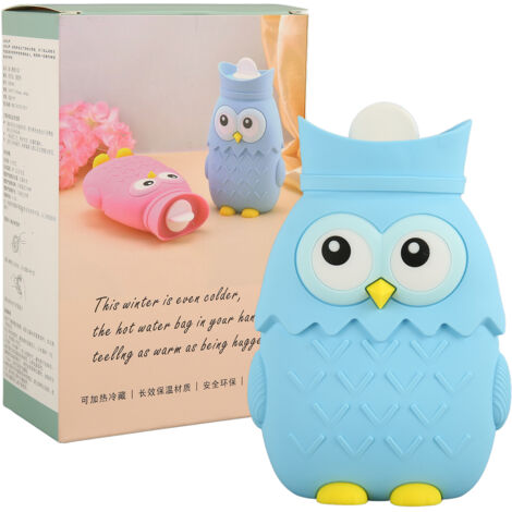 Bouillotte Eau Chaude Silicone Micro-ondes 400ml Hibou Mignon Portable Chauffage Rapide Bleu Clair