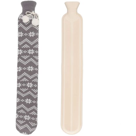 Bouillotte longue – 72 cm – 2000 ml – Housse grise motif flocon – Chauffe-dos