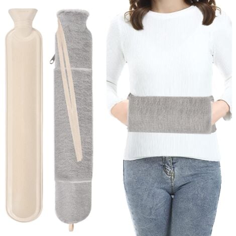 BLUEDEER Bouillotte longue avec housse moelleuse, grand tube, bouillotte longue 2L avec chauffe-mains, peut être nouée, bouillotte en peluche oblongue gris caoutchouc XXL pour femme et homme