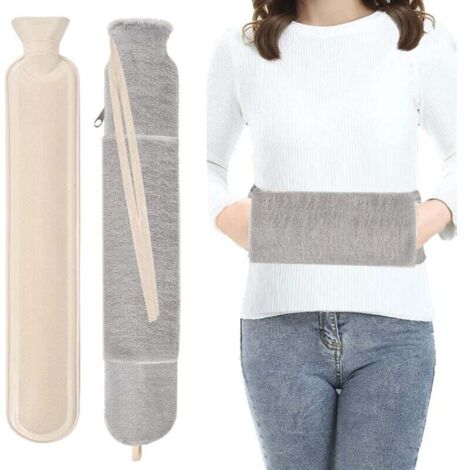 Bouillotte longue avec housse moelleuse, grand tube, bouillotte longue 2L avec chauffe-mains, peut être nouée, bouillotte en peluche oblongue gris caoutchouc XXL pour femme et homme