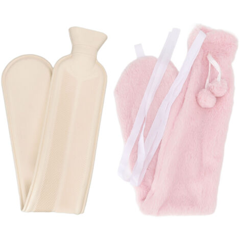 Bouillotte longue en caoutchouc – 2000 ml – Housse en peluche rose – Chauffe-corps