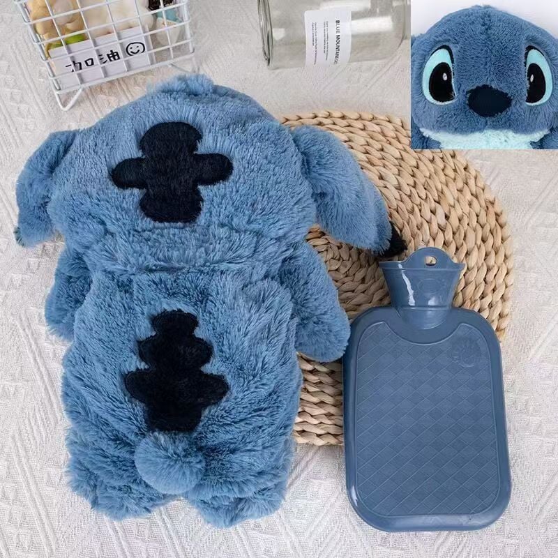 Sjqka - Bouillotte Peluche,Bleu Bouillotte Enfant,Animé Mignon Bouillotte Eau Chaude,Stich Bouillotte avec Housse,Noël Cadeau pour Enfant,460ml