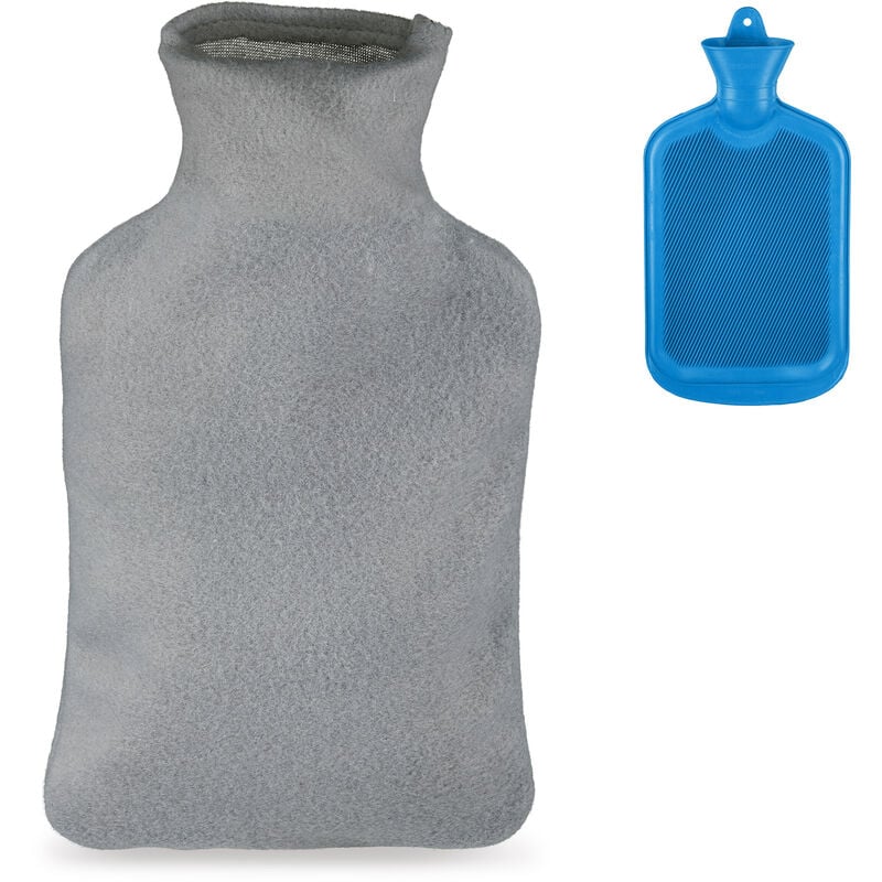Bouillotte, poche eau chaude avec housse, volume 1,5 l, grande bouteille, enfants & adultes, bleu - gris - Relaxdays
