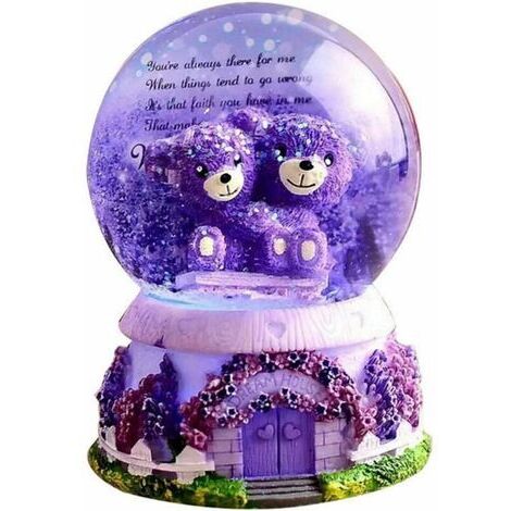 Boule à neige musicale Boule de cristal Boule à neige musicale Lumière LED Ours violet Boule de cristal avec base en résine Cadeau pour amoureux Mariage Noël Anniversaire