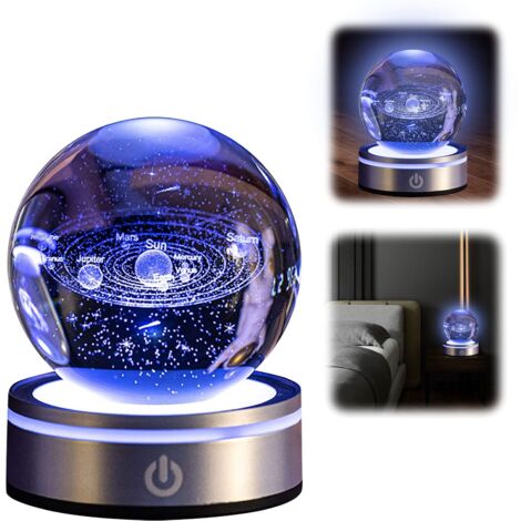 Boule Cristal 3D Système Solaire, 6 Couleurs Changeantes 3,15 inch Cristal Modèle de Planète avec LED Light Up Base Cadeau, Astronomie Cadeaux pour Amis, Couples