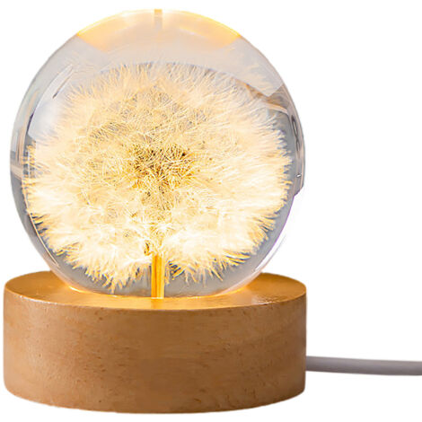 Boule Cristal Lumière LED avec Fleurs de Pissenlit en Préservation pour Chambre - Lampe de Chevet Design Bois et USB - Cadre Lumineux 6cm - Cadeau Noël Anniversaire
