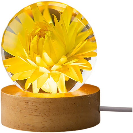 Boule Cristal Lumineuse USB avec Fleur Préservée et Base en Bois Lampe de Nuit Modèle 6cm Chrysanthème Paille Jaune Cadeau Fête